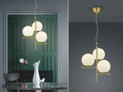 LED Pendelleuchte in Messing 3-flammig mit Glaskugeln Opal Weiß, Ø 40cm