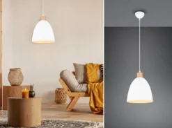 LED Pendelleuchte Lampenschirm Metall/Holz Weiß dimmbar, Ø 25cm