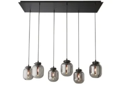 LED Pendelleuchte mehrflammig mit 6 Rauchglas Glaskugeln, Breite 115cm