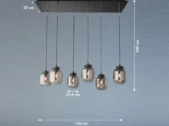 LED Pendelleuchte mehrflammig mit 6 Rauchglas Glaskugeln, Breite 115cm