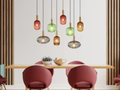 LED Pendelleuchte mehrflammig lang aus Rillenglas Bunt, Breite 125cm