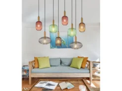 LED Pendelleuchte mehrflammig lang aus Rillenglas Bunt, Breite 125cm