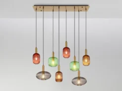 LED Pendelleuchte mehrflammig lang aus Rillenglas Bunt, Breite 125cm