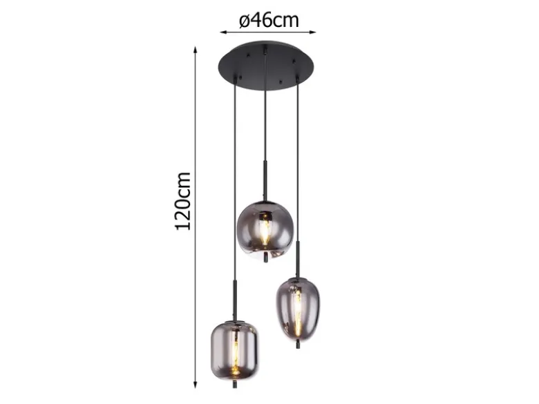 LED Pendelleuchte Metall Schwarz mit 3 Rauchglaskugeln, Ø 46cm