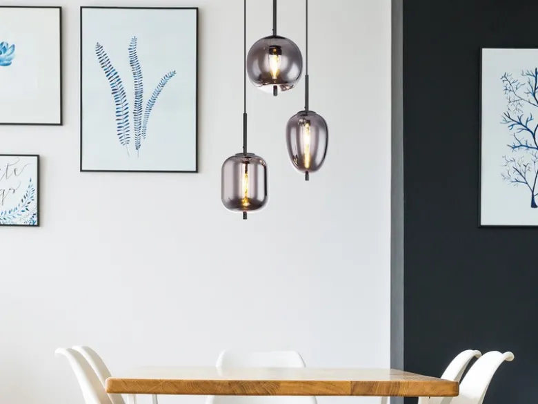 LED Pendelleuchte Metall Schwarz mit 3 Rauchglaskugeln, Ø 46cm
