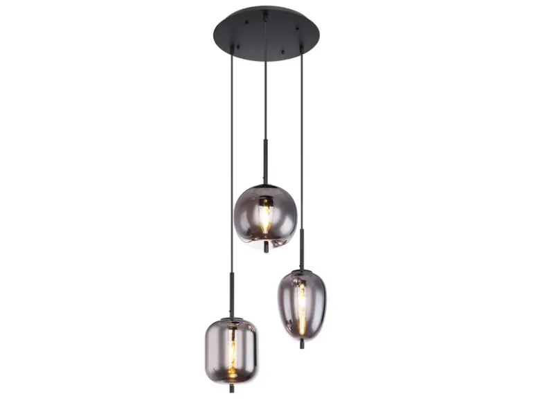 LED Pendelleuchte Metall Schwarz mit 3 Rauchglaskugeln, Ø 46cm