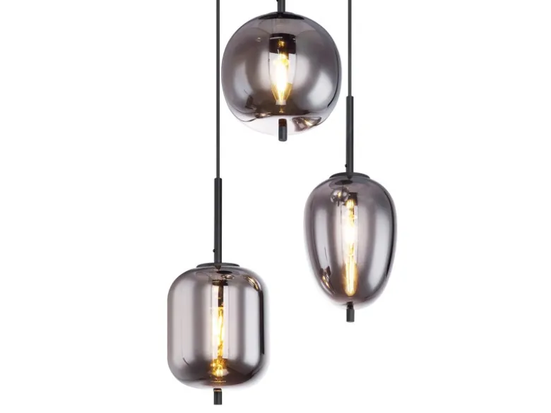 LED Pendelleuchte Metall Schwarz mit 3 Rauchglaskugeln, Ø 46cm