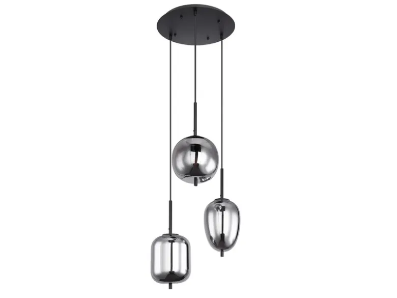 LED Pendelleuchte Metall Schwarz mit 3 Rauchglaskugeln, Ø 46cm
