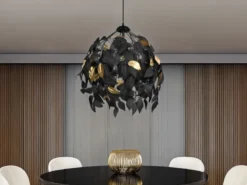 LED Pendelleuchte mit Blätter Lampenschirm Schwarz Gold, Ø 38cm