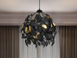 LED Pendelleuchte mit Blätter Lampenschirm Schwarz Gold, Ø 38cm