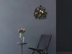 LED Pendelleuchte mit Blätter Lampenschirm Schwarz Gold, Ø 38cm