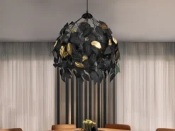 LED Pendelleuchte mit Blätter Lampenschirm Schwarz Gold, Ø 38cm