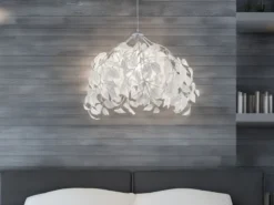 LED Pendelleuchte mit Blätter Lampenschirm in Weiß, Ø 38cm