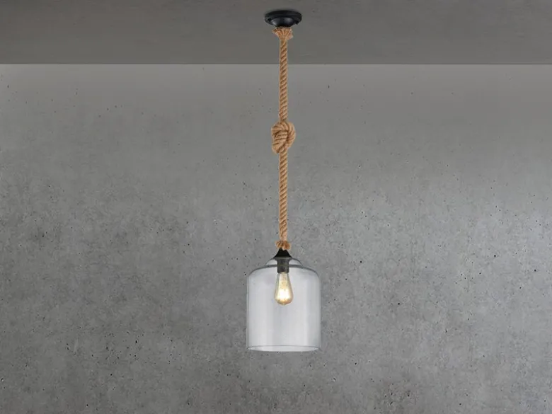 LED Pendelleuchte mit Glasschirm und Hanfseil Abhängung, Ø 24,5cm