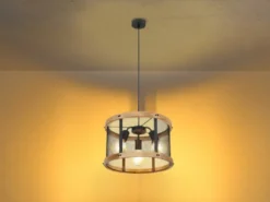 LED Pendelleuchte mit Holz & Gitter 3-flammig Schwarz, Ø 40cm