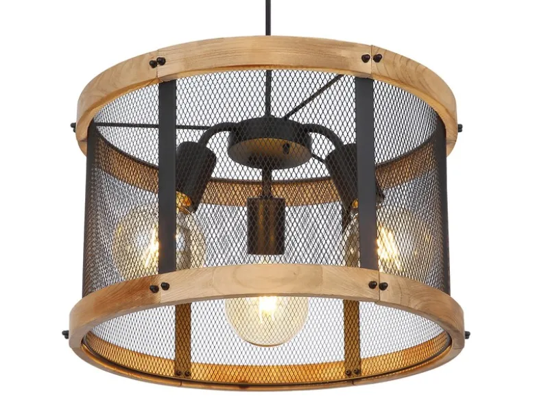 LED Pendelleuchte mit Holz & Gitter 3-flammig Schwarz, Ø 40cm