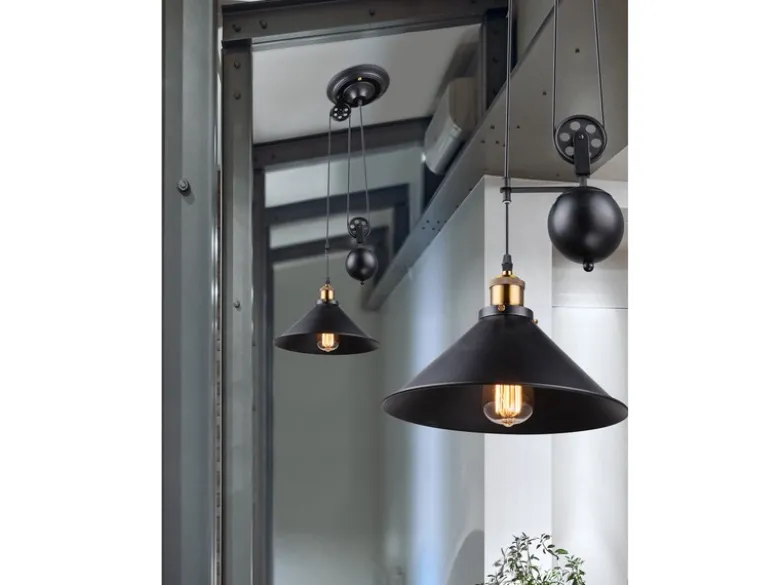 LED Pendelleuchte mit Metallschirm Schwarz, Höhe 90cm-180cm