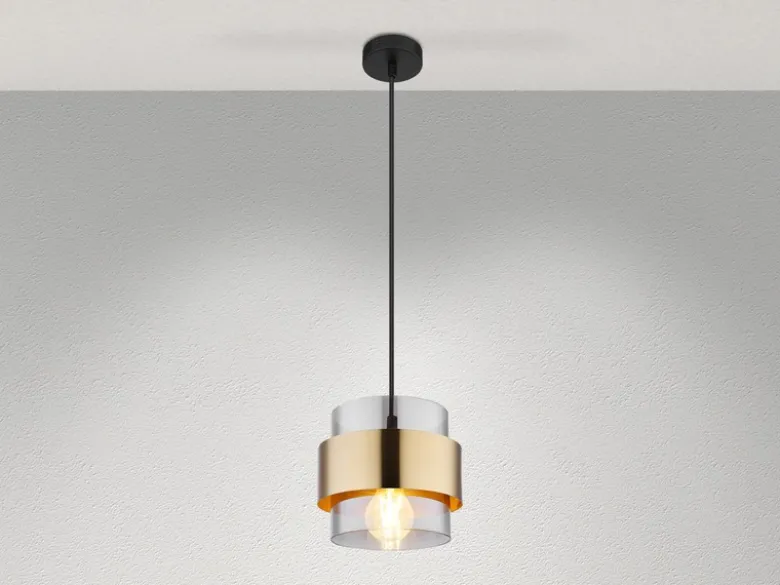LED Pendelleuchte mit Rauchglas Lampenschirm und Messingring, Ø 18cm