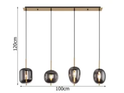 LED Pendelleuchte mit 4 Rauchglaskugeln Metall Messing, Breite 100cm