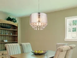 LED Pendelleuchte mit Stoff Lampenschirm Silber & Kristall Behang, Ø 40cm