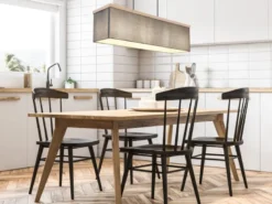 LED Pendelleuchte mit Stoff Lampenschirm und Holzoptik, Breite 80cm
