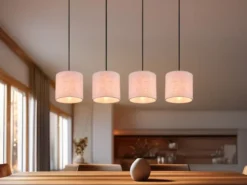 LED Pendelleuchte mit Stoffschirmen Beige & Naturholz Baldachin, Breite 100cm