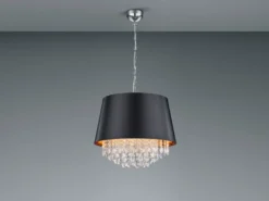 LED Pendelleuchte mit Stoffschirm Schwarz Gold & Kristall, Ø 50cm