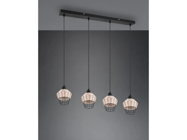 LED Pendelleuchte Rattan Geflecht Natur & Gitter im Boho Stil, Breite 95cm