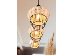 LED Pendelleuchte Rattan Geflecht Natur & Gitter im Boho Stil, Breite 95cm