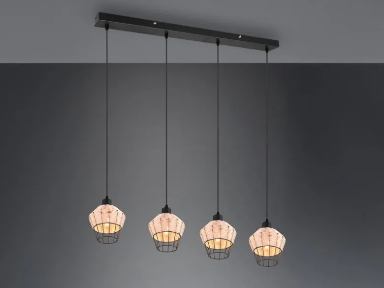 LED Pendelleuchte Rattan Geflecht Natur & Gitter im Boho Stil, Breite 95cm