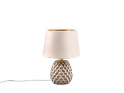 LED Retro Tischleuchte mit Samtschirm in Beige/Gold, Höhe 27cm
