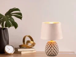 LED Retro Tischleuchte mit Samtschirm in Beige/Gold, Höhe 27cm