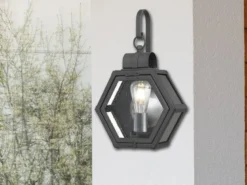 LED Rustikale Außenwand Laterne hängend sechseckig, Schwarz Höhe 42cm