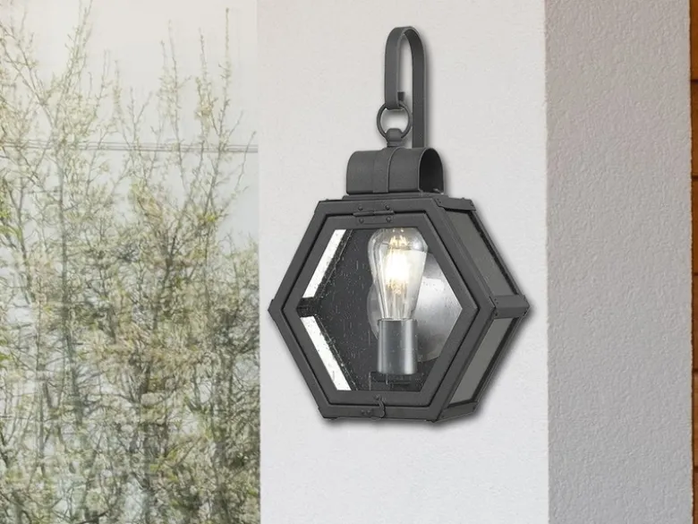 LED Rustikale Außenwand Laterne hängend sechseckig, Schwarz Höhe 42cm