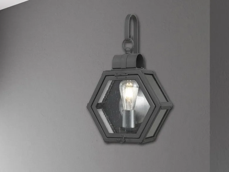 LED Rustikale Außenwand Laterne hängend sechseckig, Schwarz Höhe 42cm