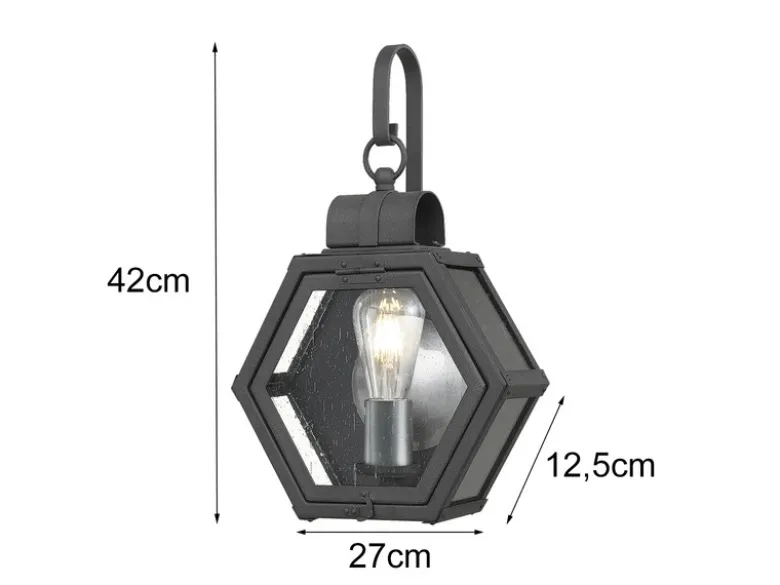 LED Rustikale Außenwand Laterne hängend sechseckig, Schwarz Höhe 42cm