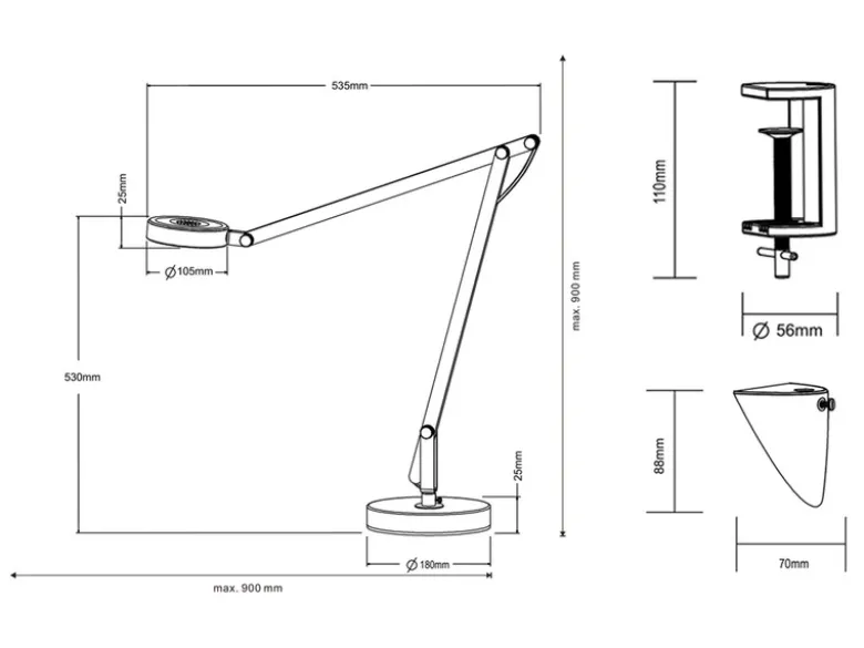 LED Schreibtischlampe AMSTERDAM Weiß, auch zum Klemmen, Höhe max. 90cm
