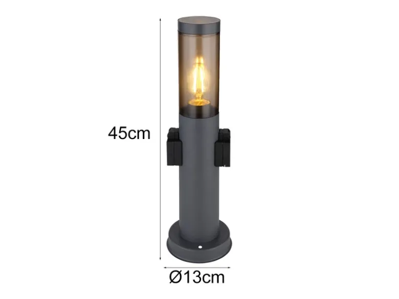 LED Sockelleuchte aus Edelstahl in Anthrazit mit zwei Steckdosen, Höhe 45cm