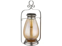 LED Solarlaterne in Silber mit Glas Lampenschirm bernsteinfarbig, H 36,5cm
