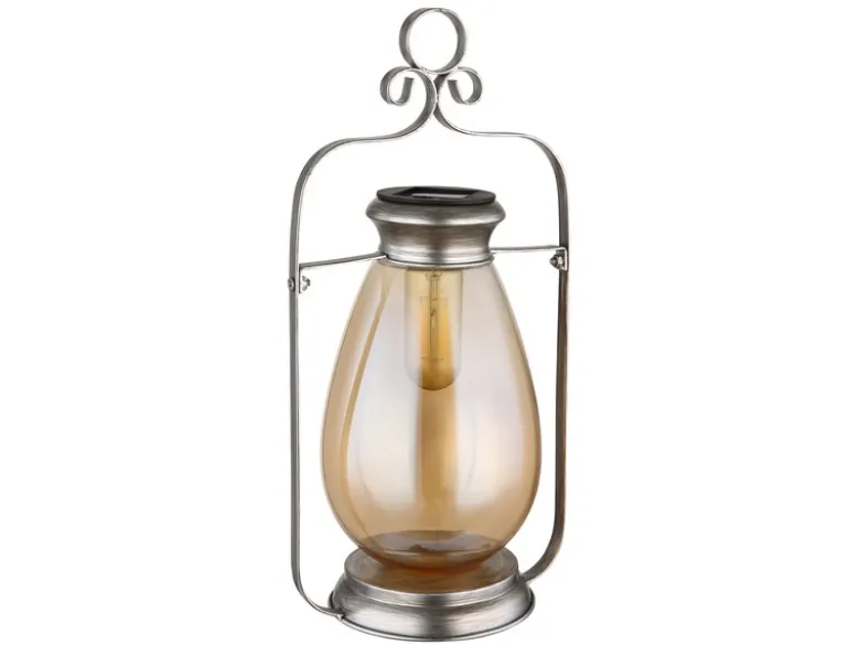 LED Solarlaterne in Silber mit Glas Lampenschirm bernsteinfarbig, H 36,5cm