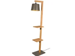 LED Stehlampe aus Holz mit Ablagen & Metallschirm Silber antik, Höhe 165cm