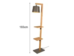 LED Stehlampe aus Holz mit Ablagen & Metallschirm Silber antik, Höhe 165cm