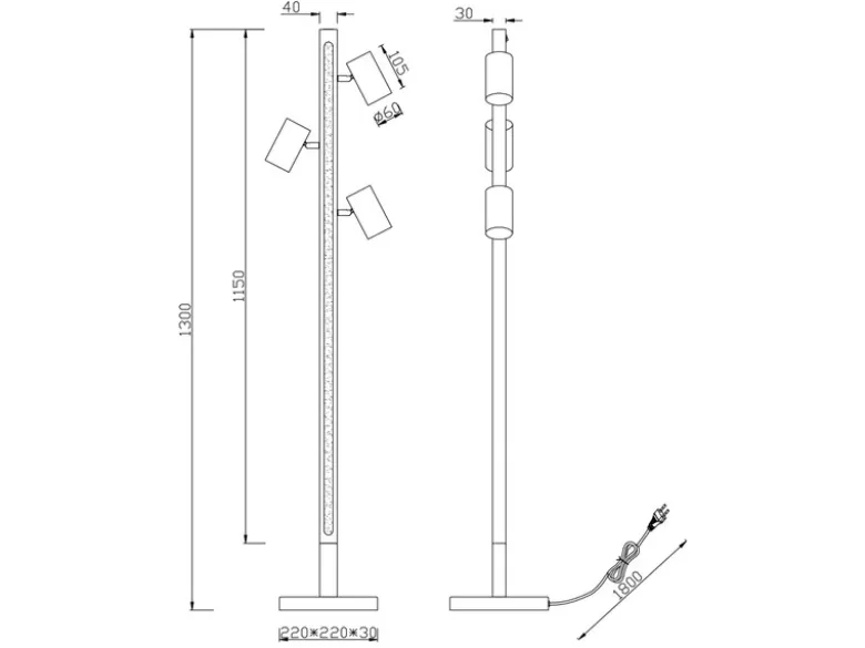 LED Stehlampe Holz / Schwarz matt, 3 Spots schwenkbar, Höhe 130cm