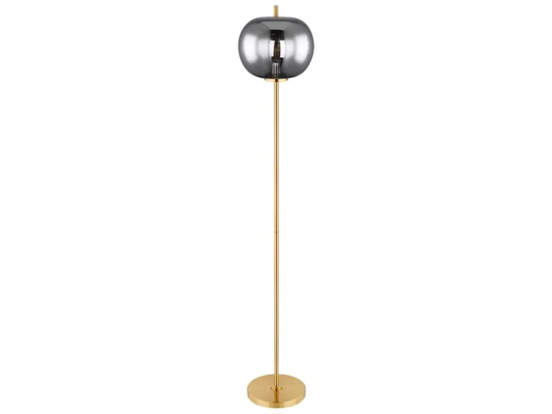 LED Stehlampe mit Rauchglas Lampenschirm Ø 30cm, Metall Messing