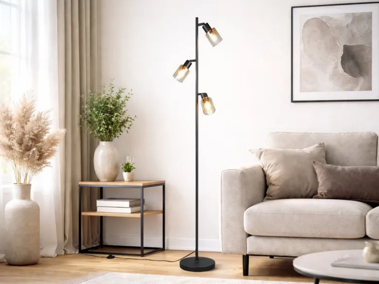 LED Stehlampe mit 3 schwenkbaren Glas Spots Amberfarbig, Höhe 154cm