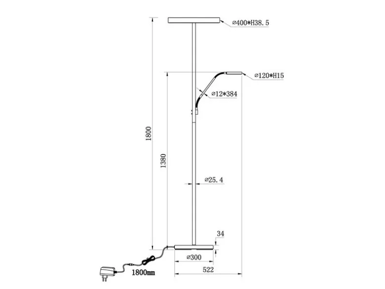 LED Stehlampe WILLIS Gold mit Leselampe, dimmbar & 3 Lichtfarben, 180cm groß