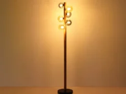 LED Stehleuchte aus Holz 6-flammig Glaskugeln Rauchglas & Bernstein, H: 150cm
