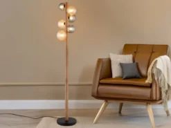 LED Stehleuchte aus Holz 6-flammig Glaskugeln Rauchglas & Bernstein, H: 150cm