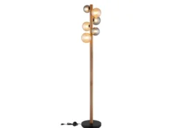 LED Stehleuchte aus Holz 6-flammig Glaskugeln Rauchglas & Bernstein, H: 150cm