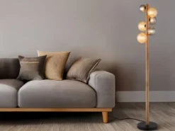 LED Stehleuchte aus Holz 6-flammig Glaskugeln Rauchglas & Bernstein, H: 150cm